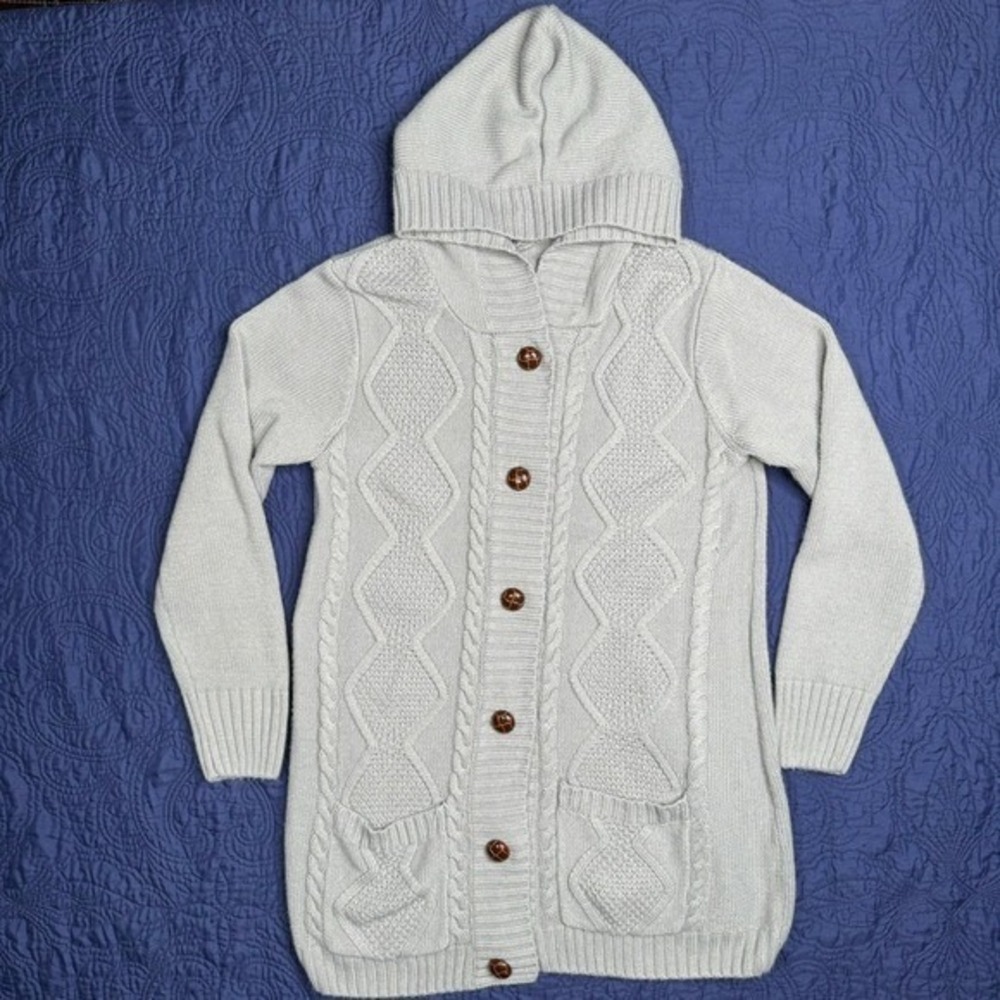 Womens Gray Cable Knit Hooded Cardigan Sweater Button Front Longline Size L